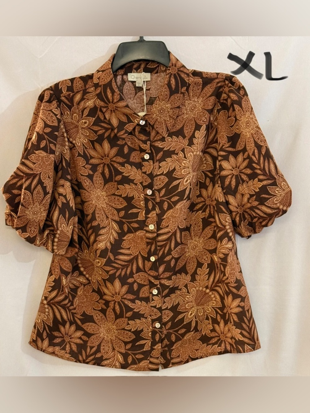 Chenault Brown Floral Button-Front Blouse with Puff Sleeves
